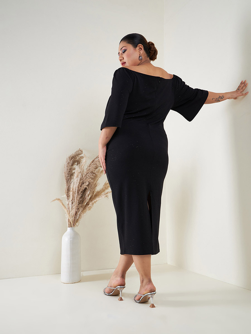 Buy Plus Glitter Off Shoulder Embroidery Detail Bodycon Midi Dress Black For Women Styli UAE