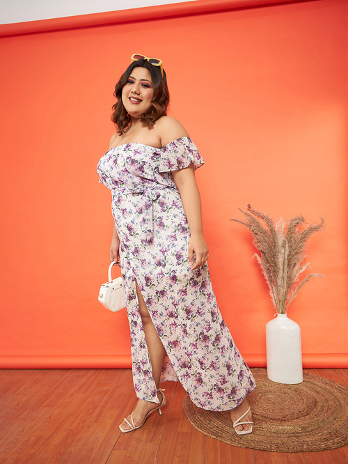 Plus Floral Print Off Shoulder Belted Detail Maxi Dress