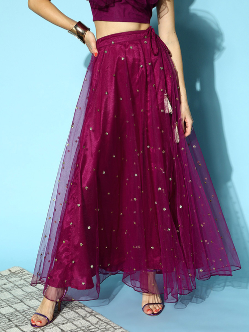 Buy Embroidered Tulle Flared Skirt with Tassel Drawstring Purple For Women Styli UAE