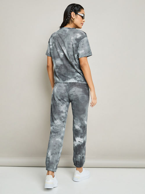 Buy Drop Shoulder Tie Dye Pullover Jogger Set Grey For Women Styli UAE