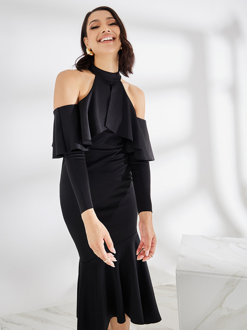 Cold shoulder knee length dresses hot sale