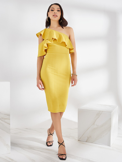 Buy Ruffled One Shoulder Textured Bodycon Dress Yellow For Women Styli Saudi