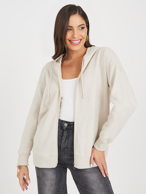 Buy Oversized Zip Through Longline Hoodie Beige For Women Styli UAE
