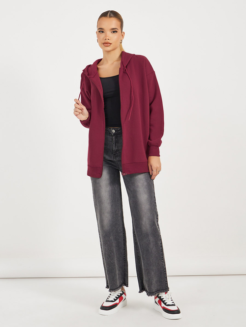 Buy Oversized Zip Through Longline Hoodie Burgundy For Women Styli Saudi