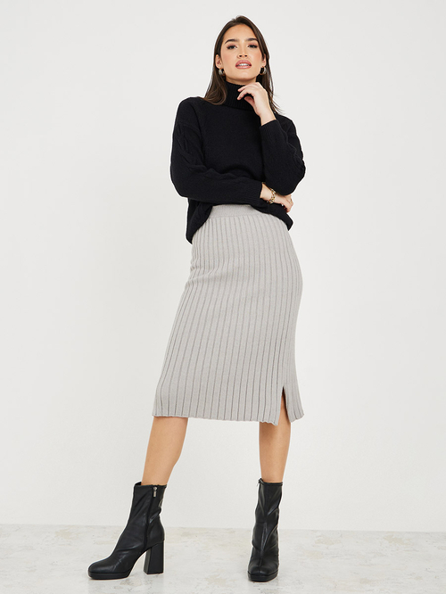 Buy Knit Ribbed Bodycon Midi Skirt With Side Slit Grey For Women Styli UAE