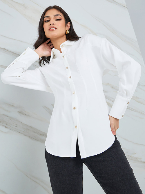 Buy Twill Longline Shirt with Tapered Waist Detail Off White For Women Styli UAE