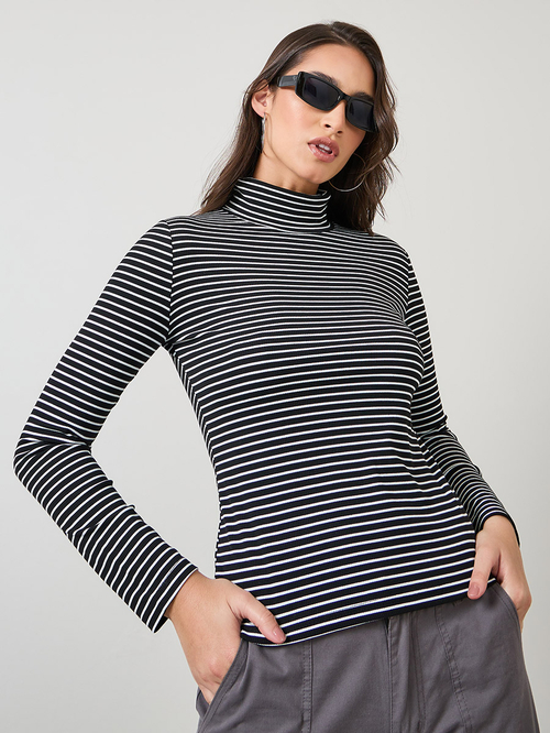 Buy Striped Print Ribbed Turtle Neck Knit Top Black For Women Styli UAE
