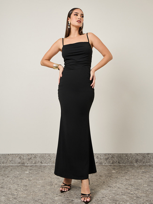Buy Strappy Square Neck Bodycon Maxi Dress Black For Women Styli UAE