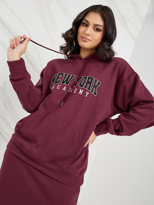 Buy Oversized Embroidered Hoodie Skirt Co Ord Set Burgundy For Women Styli Saudi