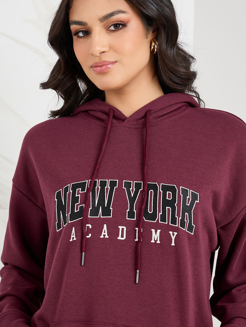 Buy Oversized Embroidered Hoodie Skirt Co Ord Set Burgundy For Women Styli Saudi