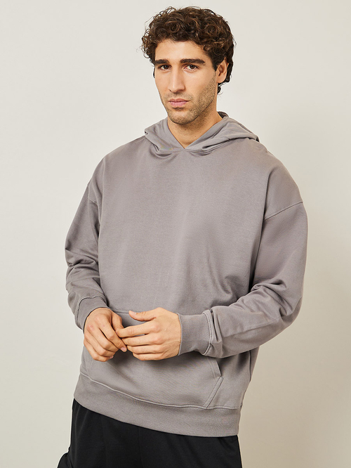 Buy Oversized Back City Print Fleece Hoodie Grey For Men Styli UAE
