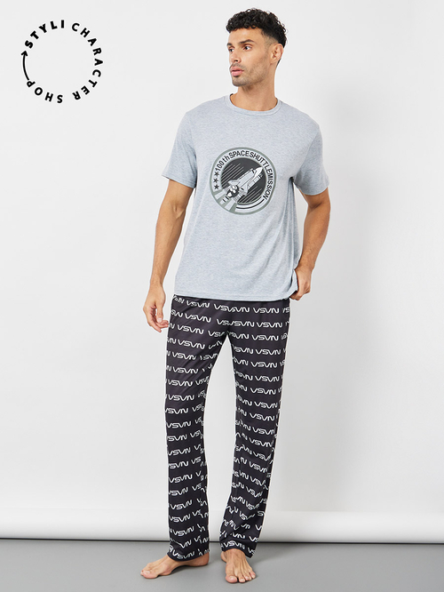 Buy NASA Graphic Print T Shirt Printed Pyjama Set Grey For Men Styli Saudi