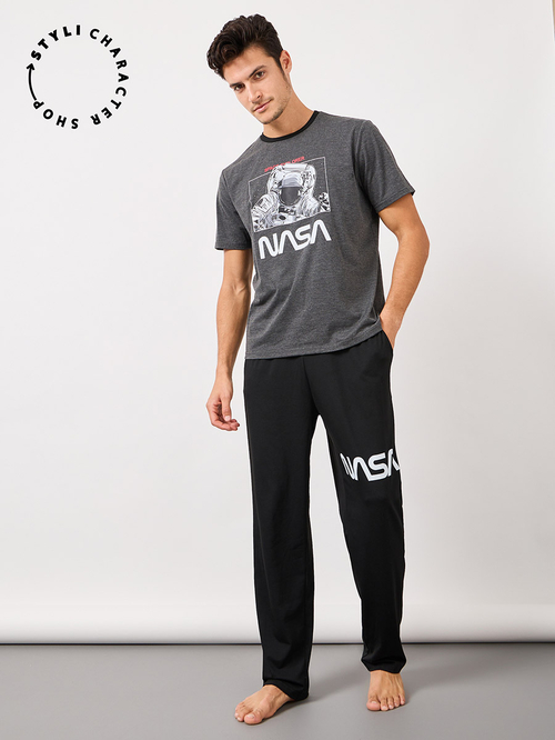 Buy NASA Graphic Print T Shirt Pyjama Set Charcoal For Men Styli Saudi
