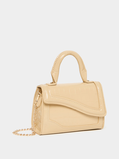 Buy Curved Flap Textured Handbag with Chain Strap Beige For Women  