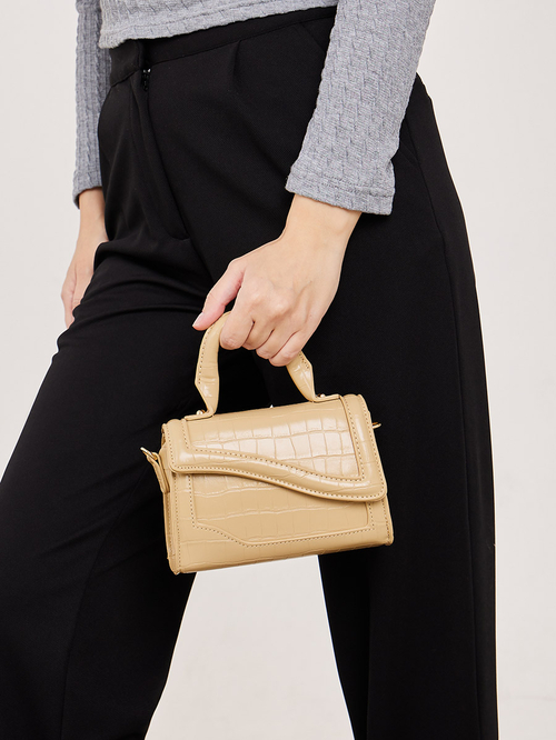 Buy Curved Flap Textured Handbag with Chain Strap Beige For Women  