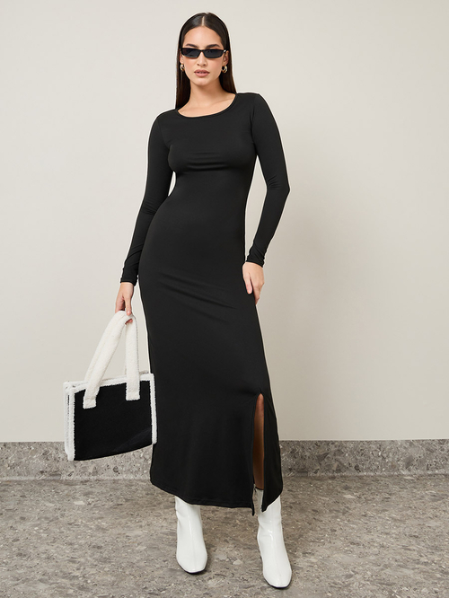 Buy Round Neck A Line Maxi Dress with Front Split Black For Women Styli Bahrain