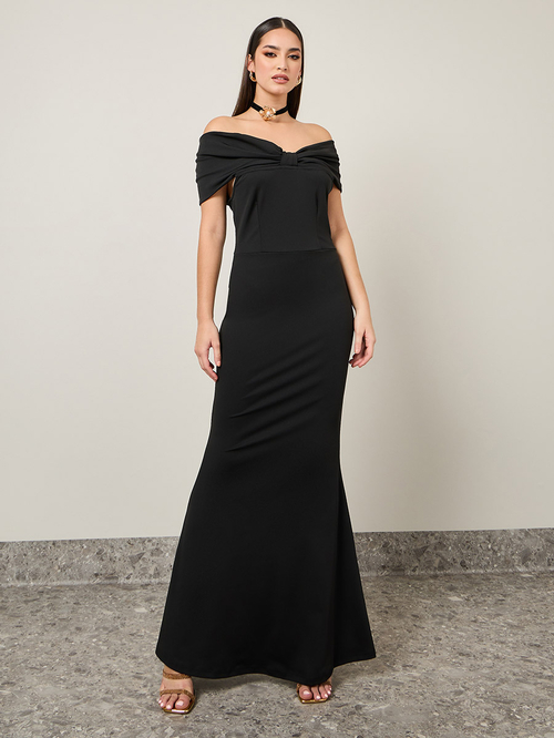 Fashion off shoulder plain bow slit bodycon dress store