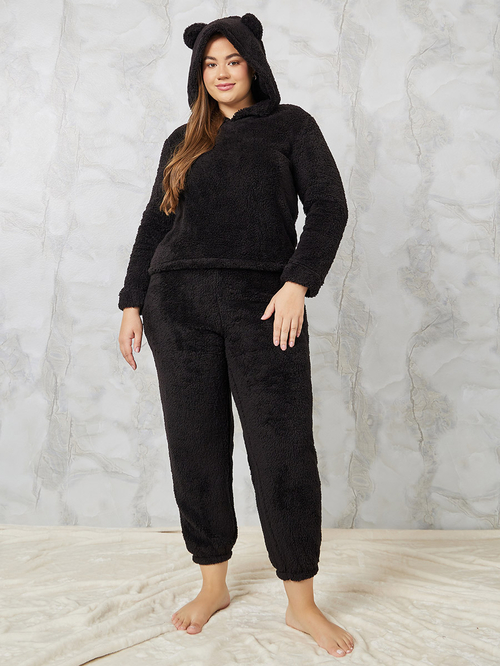Buy Plus Plush Fleece Bear Ear Hoodie Jogger Lounge Set Black For Women Styli Saudi