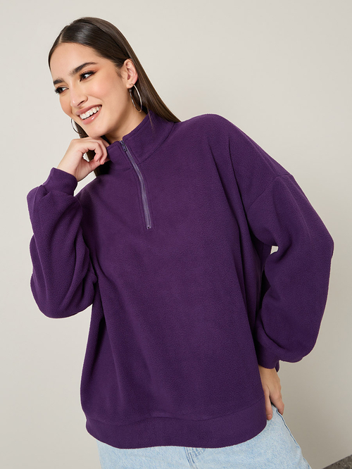 Buy Oversized Fit Half Zip Fleece Sweatshirt Purple For Women Styli Saudi