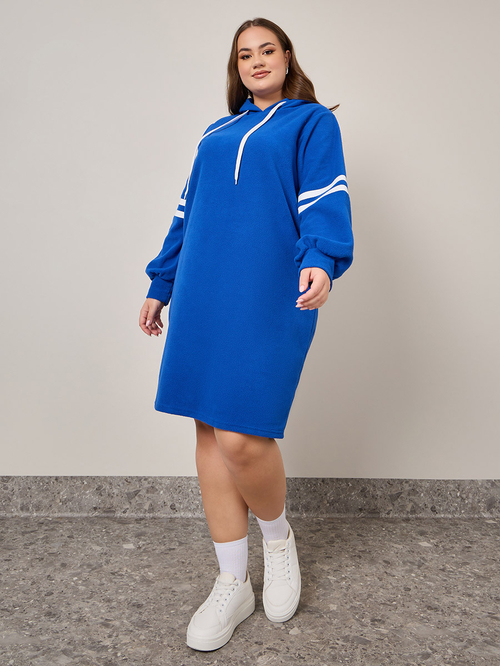 Buy Plus Striped Hooded Knee Length Sweatshirt Dress Blue For Women Styli Saudi