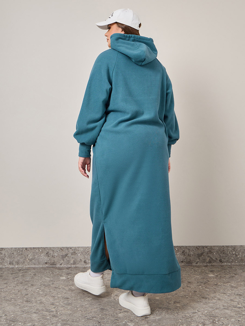 Buy Plus Solid Hooded Maxi Sweatshirt Dress With Side Slit Teal For Women Styli UAE