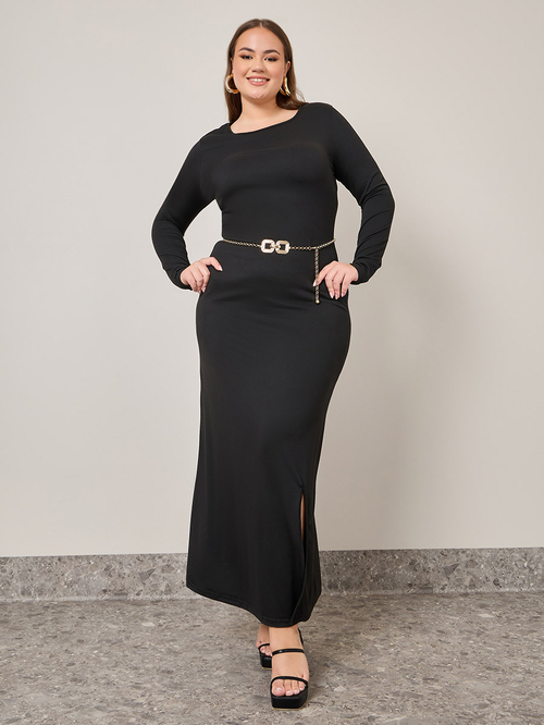 Buy Plus Solid Maxi A Line Dress with Side Slit Black For Women Styli Saudi