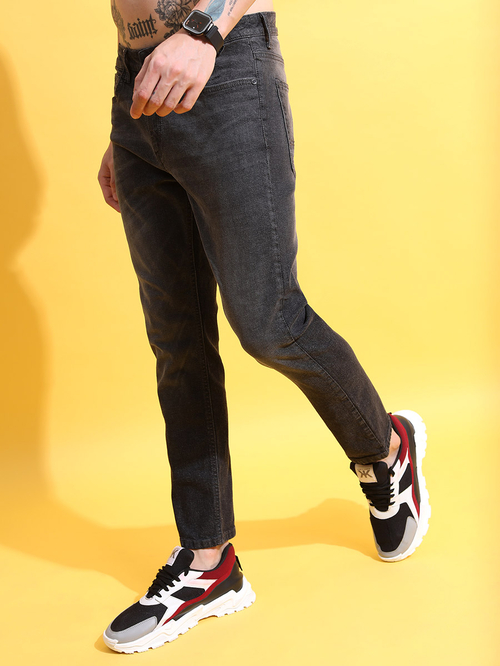 Buy Whisker Detail Slim Fit Crop Jeans Grey For Men Styli Saudi