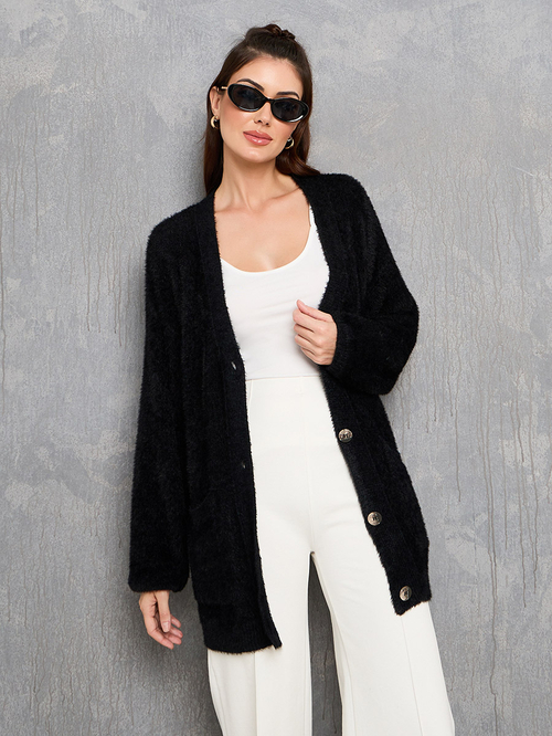 Buy Solid Oversized Furry Button Up Cardigan Black For Women Styli Kuwait