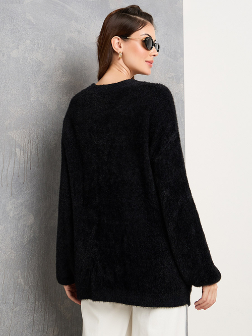 Buy Solid Oversized Furry Button Up Cardigan Black For Women Styli Kuwait