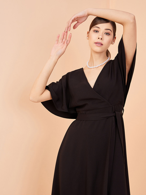 Buy V Neck Wrap Front Maxi Dress Black For Women Styli Kuwait