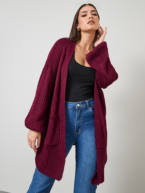 Buy Regular Fit Long Line Open Front Cable Knit Cardigan Burgundy For Women Styli Kuwait