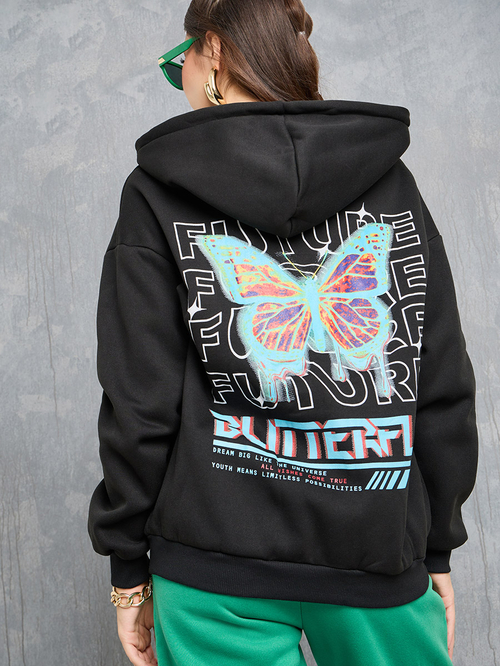 Buy Oversized Butterfly Back Graphic Print Hoodie Black For Women Styli Saudi