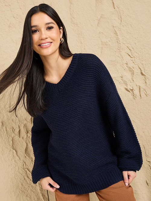 Buy Longline V Neck Chunky Knit Sweater Navy Blue For Women Styli UAE