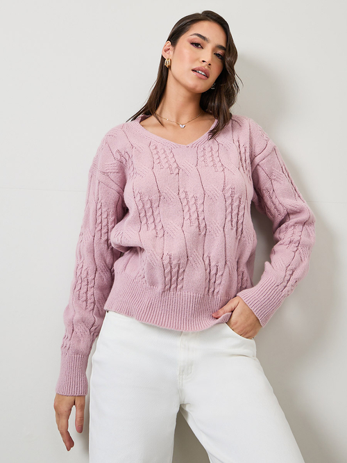 Cable knit pink sweater shop