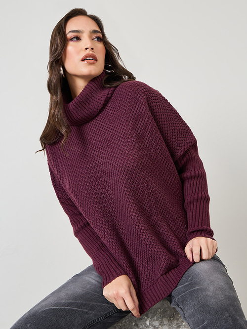 Buy Oversized Turtle Neck Textured Sweater With Side Slits Burgundy For Women Styli UAE