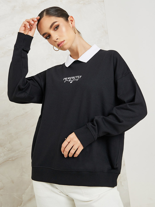 Buy Regular Fit Contrast Rib Collar Sweatshirt with Embroidery Black For Women Styli Saudi