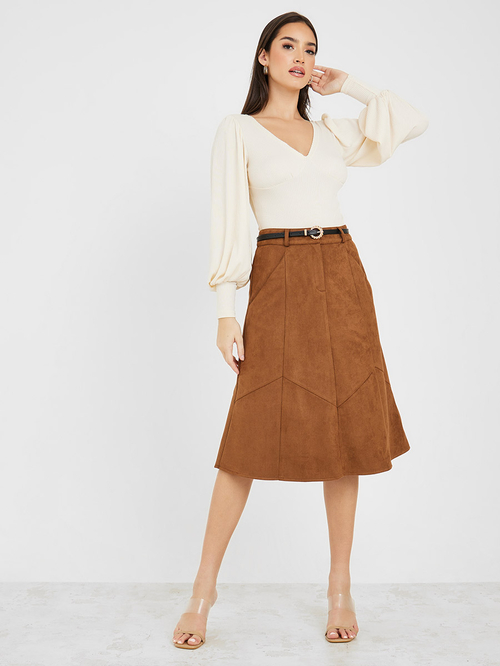 Buy Suede Look A Line Midi Skirt Brown For Women Styli Saudi