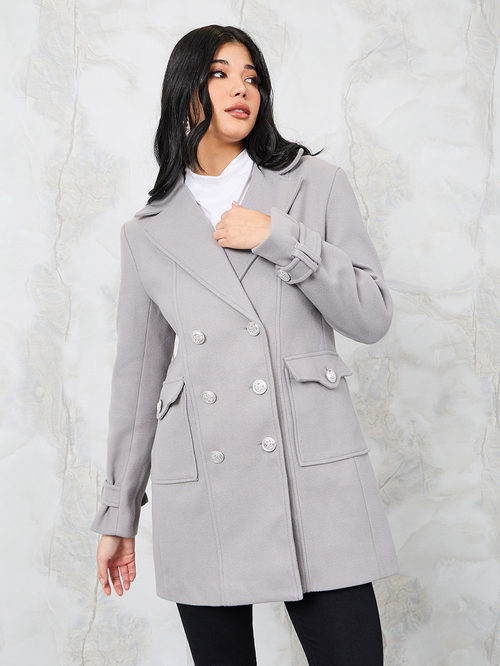 Buy Regular Fit Longline Pocket Detail Double Breasted Coat Grey For Women Styli Saudi