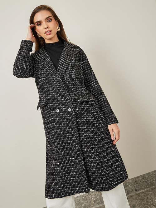 Buy Oversized Double Breasted Knee Length Tweed Coat Black For Women Styli Kuwait