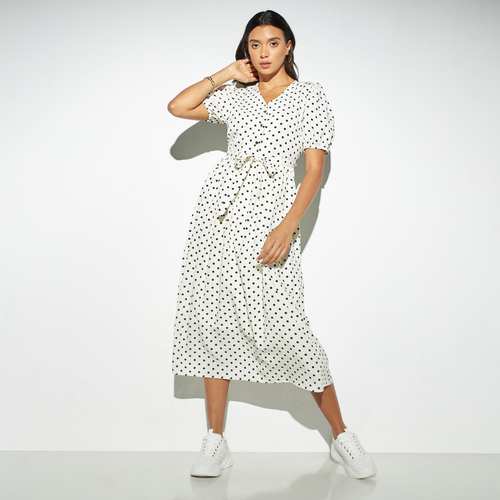 Polka dot waist tie midi dress shop