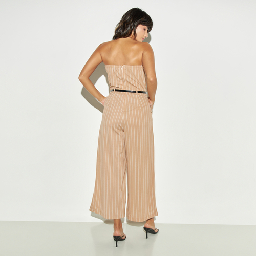 Buy Striped Bandeau Jumpsuit with Belt Beige For Women Styli Saudi