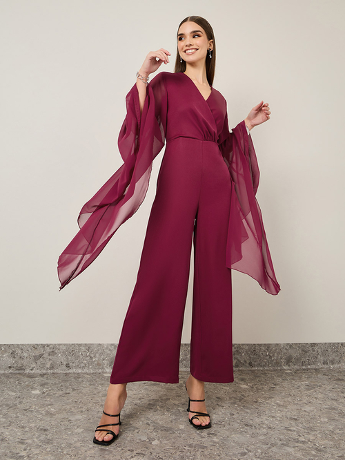 Burgundy jumpsuit with sleeves hot sale