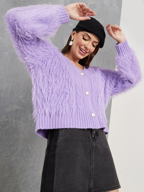 Buy Regular Fit Fluffy Button Up Cardigan Purple For Women Styli UAE