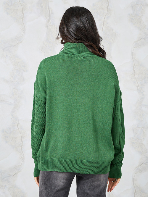 Buy Regular Fit Chunky Knit Turtle Neck Sweater Dark Green For Women Styli UAE
