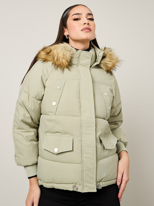 Buy Oversized Hooded Padded Jacket With Faux Fur Detail Green For Women Styli Kuwait
