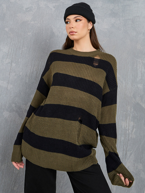 Buy Distressed Oversized Color Block Stripe Detail Sweater Multi For Women Styli Kuwait