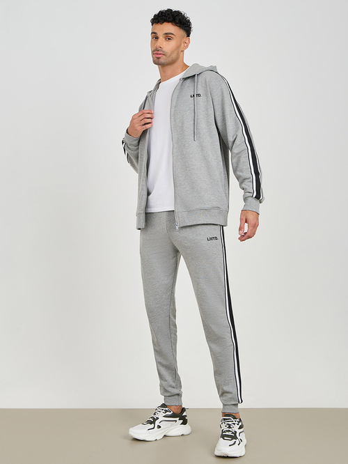 Buy Contrast Print Hooded Zip Through Terry Tracksuit Grey For Men Styli Kuwait
