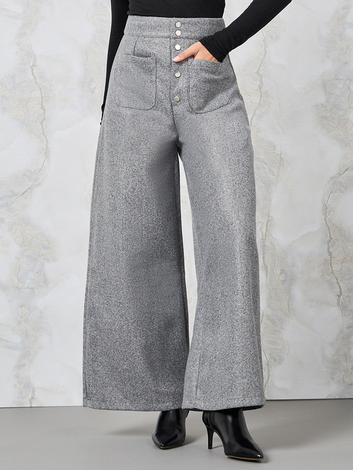 High Rise Wool Like Wide Leg Tailored Pants