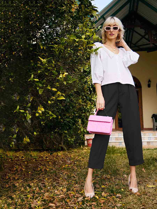 Buy Stretch Knit Tapered Crop Length Pants Black For Women Styli Saudi