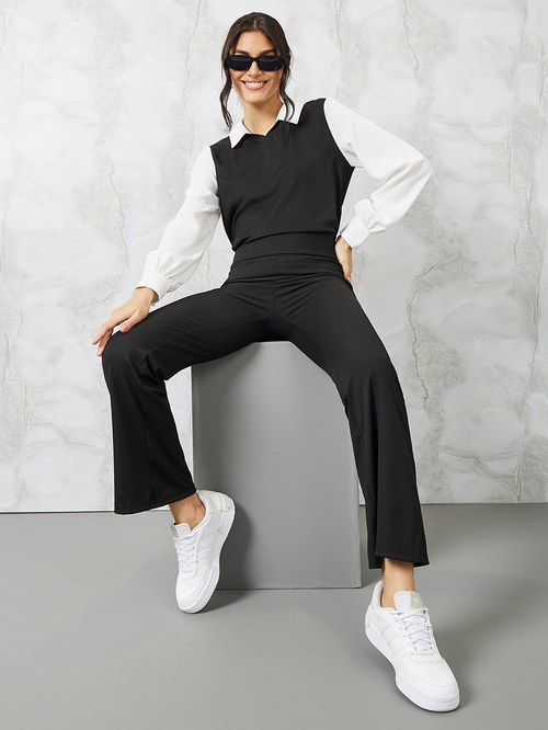 Buy Rib Vest Layered Shirt & Pants Set Black For Women | Styli UAE